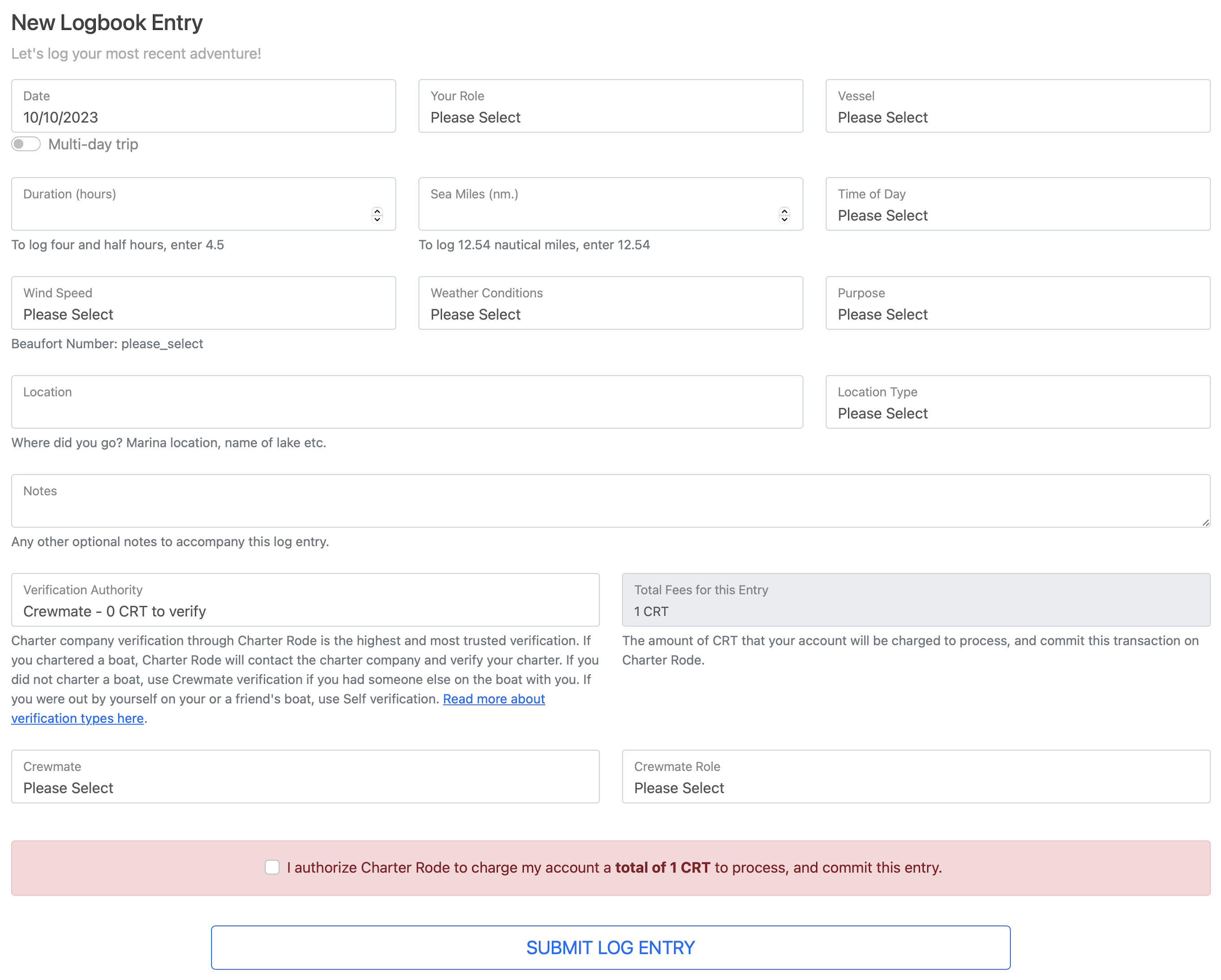 The New Logbook Entry screen in the app