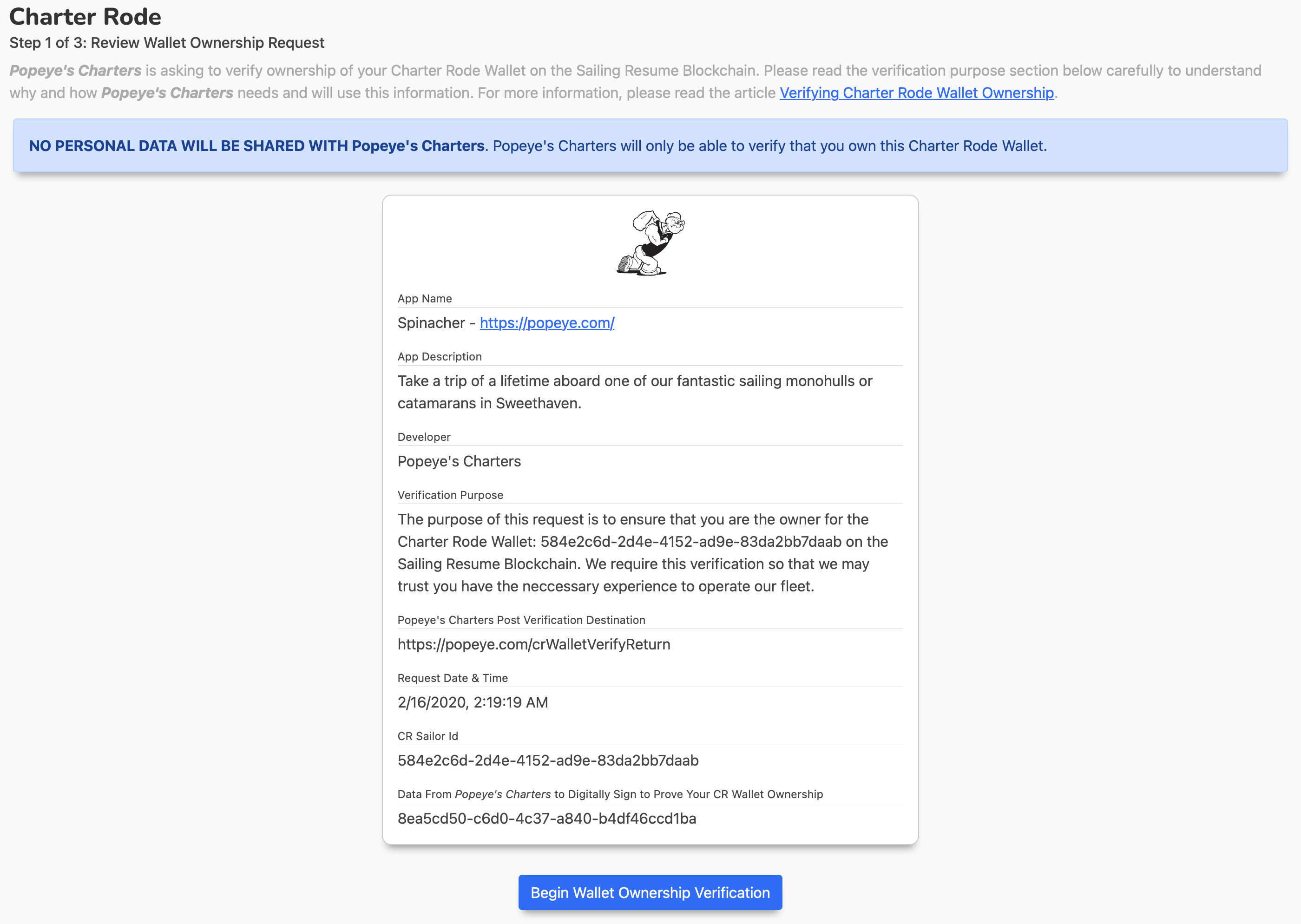Verified Sailor Wallet Verification - step 1